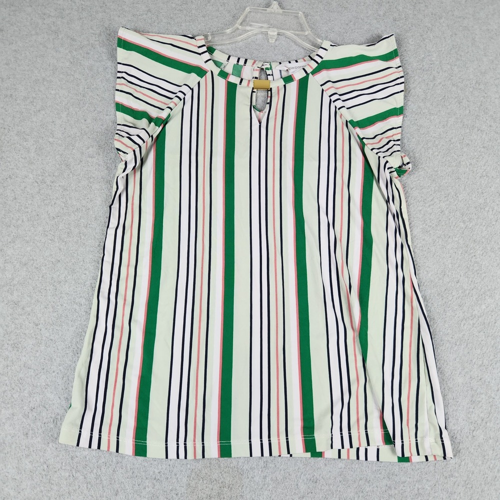 Liz Claiborne Blouse Top Womens XS Green Striped Keyhole Neck Flutter‎ Sleeve